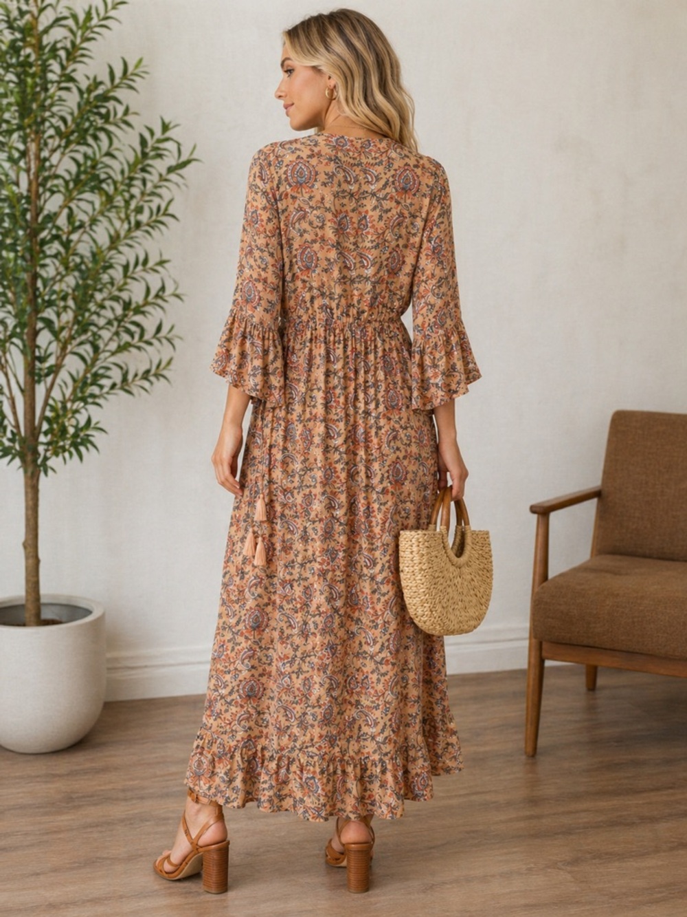 Coven & Co Boho Paisley Maxi Dress Tan Rust Flowy Ruffle Hem Cottagecore Size S - Picture 3 of 16
